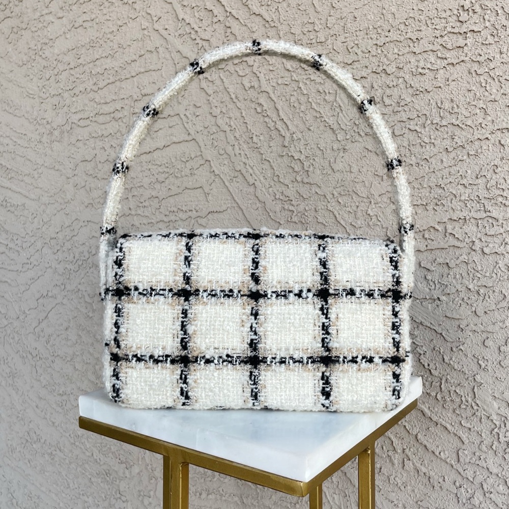 ANINE BING Black & White Textured Wool Tweed Plaid Flap Nico Shoulder Bag - Picture 7 of 17